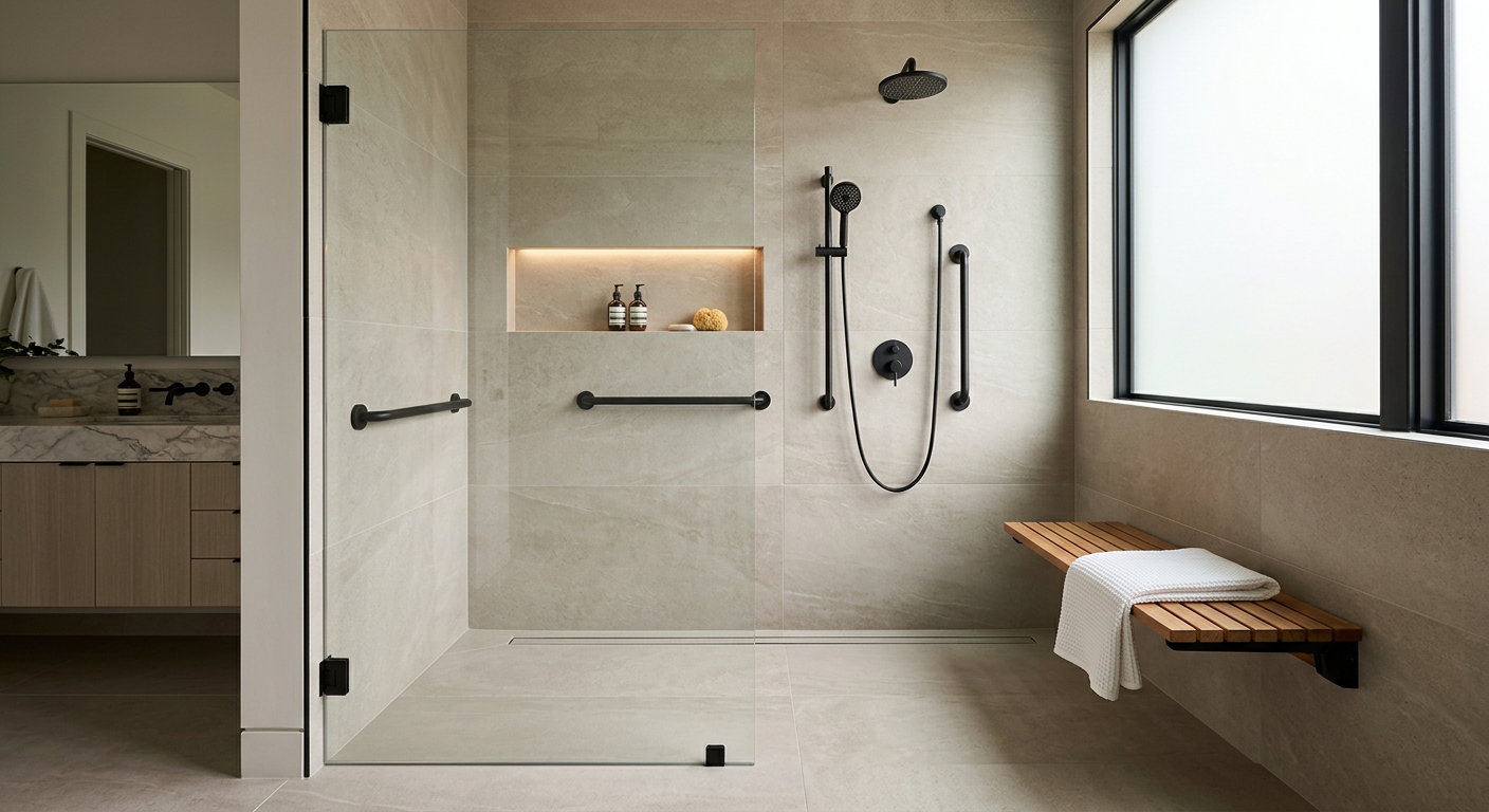 Curbless roll-in shower with linear drain, black grab bars, handheld shower and wall-mounted teak bench