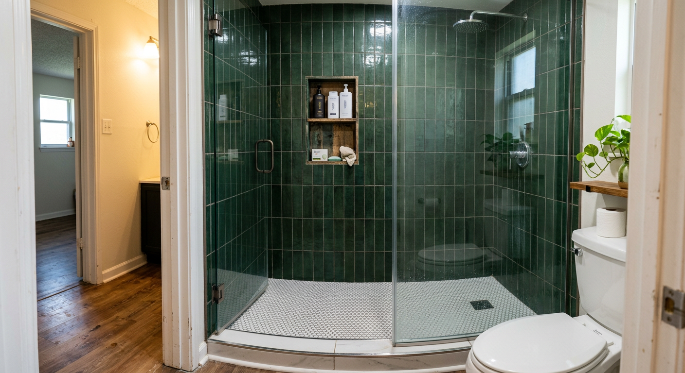 Walk-in shower with green vertical tile, white penny tile floor, wood-lined niche and frameless glass where an old tub used to be, Cedar Park