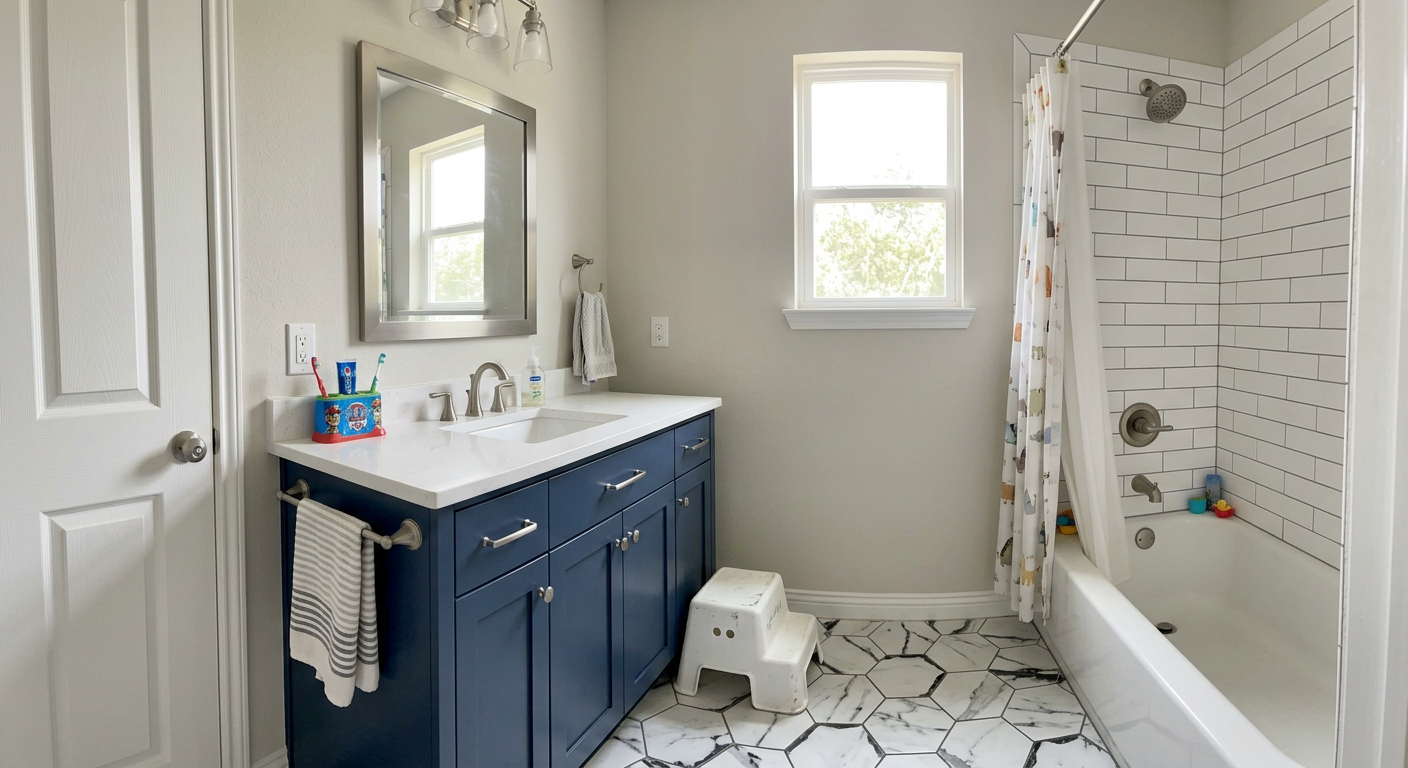 Hall bathroom with navy vanity, quartz top, marble-look hexagon floor tile and white subway tile tub surround, Liberty Hill